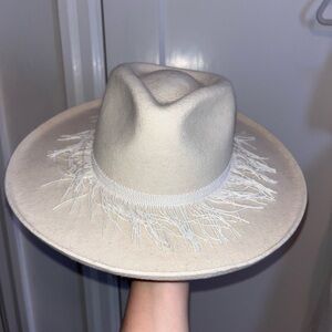Anthropologie Cream Fringe Wide Brim Hat
